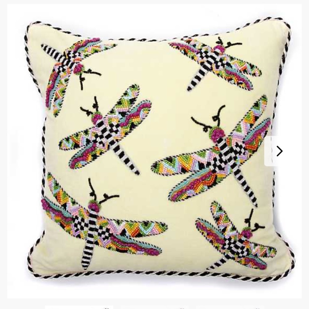 Mackenzie Childs Dragonfly Pillow 16" Square Beaded Embroidered Decorative